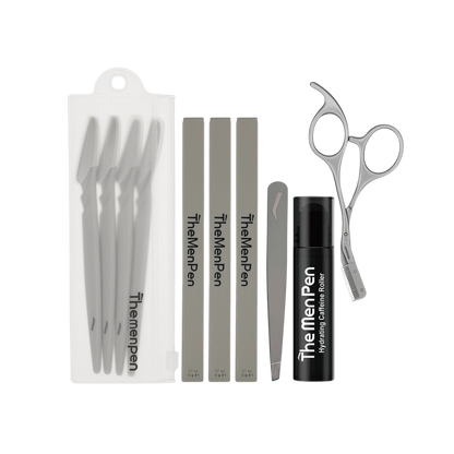 The Men Pen Complete Eyebrow + Hydrating Grooming Kit for Men | Scissors, Hydrating Caffeine Roller, Tweezers, Razors & 3 Eyebrow Filler Pens for Shaping | Trimming & Defining Brows